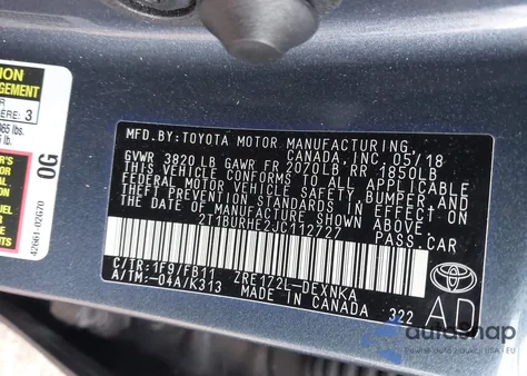 2018 Toyota Corolla Le из США, поврежденный, VIN 2T1BURHE2JC112727